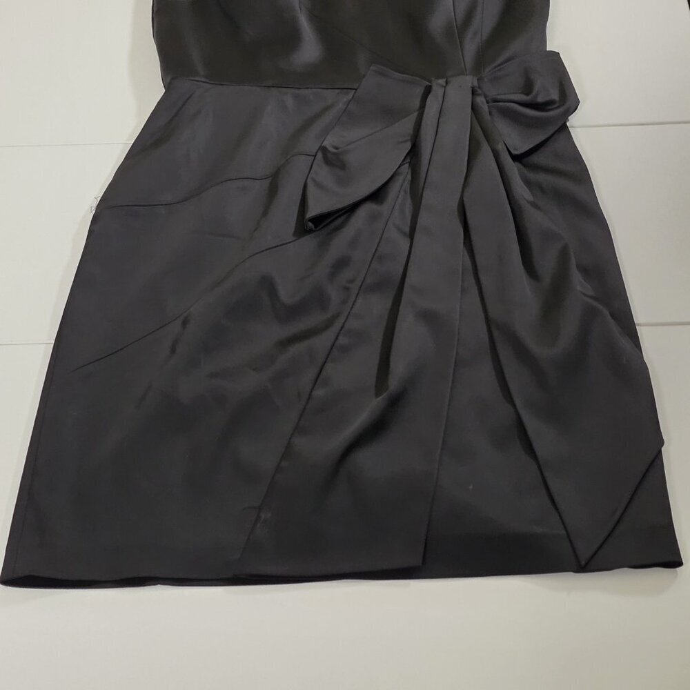 Catherine Malandrino Satin Dress XL Black Mini Lined Chiffon SS Bow LBD Cocktail - Picture 12 of 16